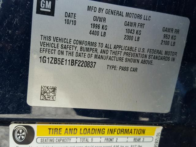 1G1ZB5E11BF220837 - 2011 CHEVROLET MALIBU LS ლურჯი ფოტო 10