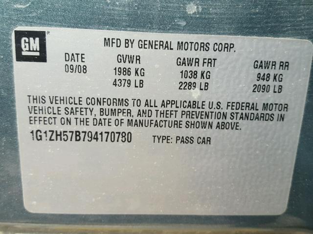 1G1ZH57B794170780 - 2009 CHEVROLET MALIBU 1LT 绿色 照片 10