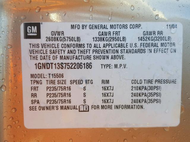 1GNDT13S752206186 - 2005 CHEVROLET TRAILBLAZE GOLD photo 10