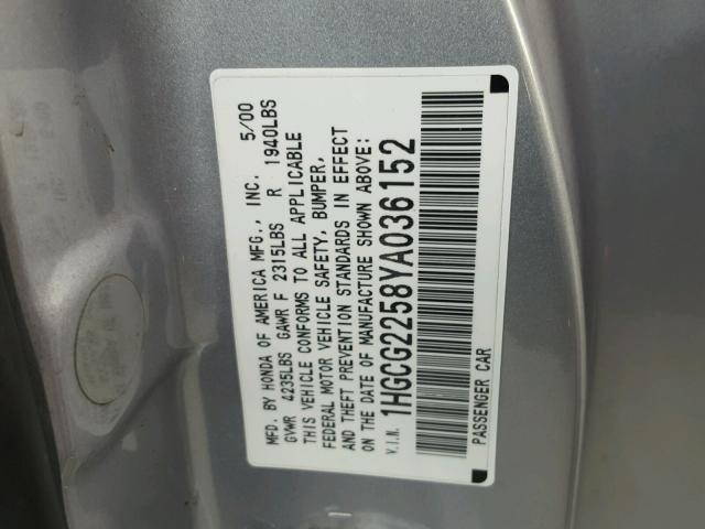 1HGCG2258YA036152 - 2000 HONDA ACCORD EX SILVER photo 10