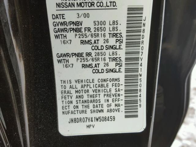 JN8DR07Y41W508459 - 2001 NISSAN PATHFINDER BLACK photo 10