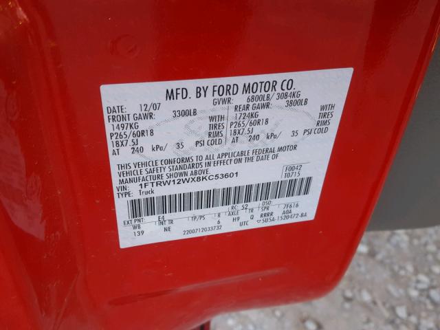 1FTRW12WX8KC53601 - 2008 FORD F150 SUPER RED photo 10