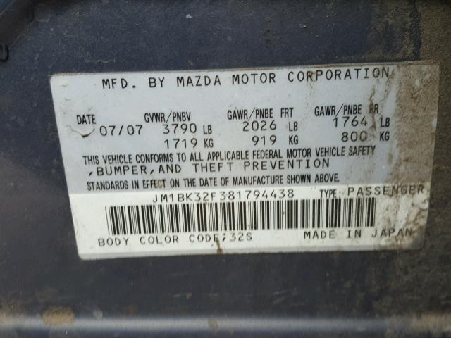 JM1BK32F381794438 - 2008 MAZDA 3 I GRAY photo 10