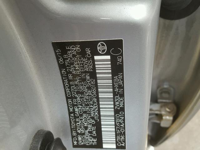 JTDKN3DU4F0460182 - 2015 TOYOTA PRIUS SILVER photo 10