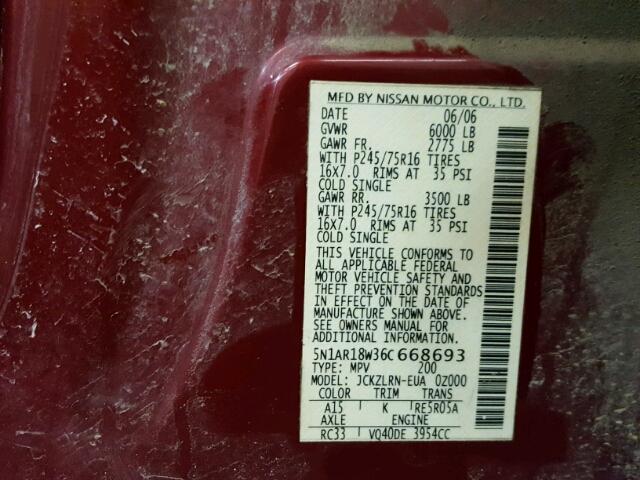 5N1AR18W36C668693 - 2006 NISSAN PATHFINDER RED photo 10