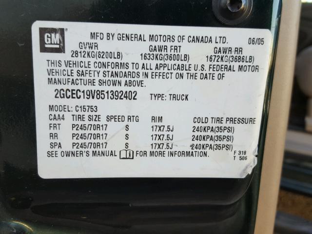 2GCEC19V851392402 - 2005 CHEVROLET SILVERADO GREEN photo 10