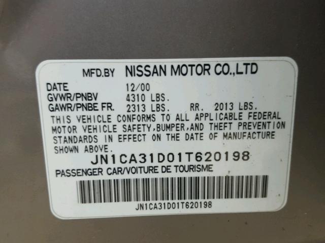 JN1CA31D01T620198 - 2001 NISSAN MAXIMA GXE BEIGE photo 10