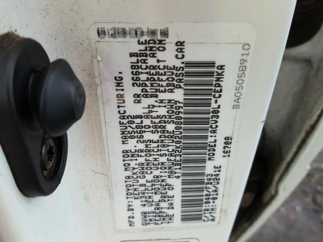 4T1BE32K02U080997 - 2002 TOYOTA CAMRY LE WHITE photo 10