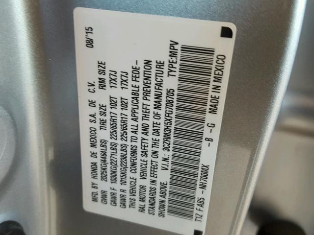 3CZRM3H5XFG708705 - 2015 HONDA CR-V EX GRAY photo 10