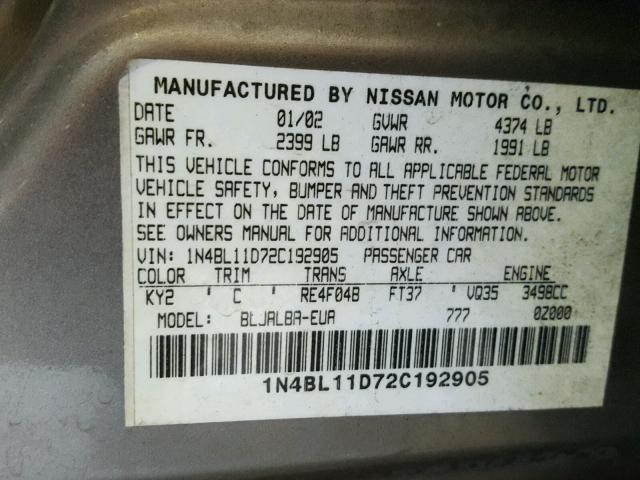 1N4BL11D72C192905 - 2002 NISSAN ALTIMA SE BROWN photo 10