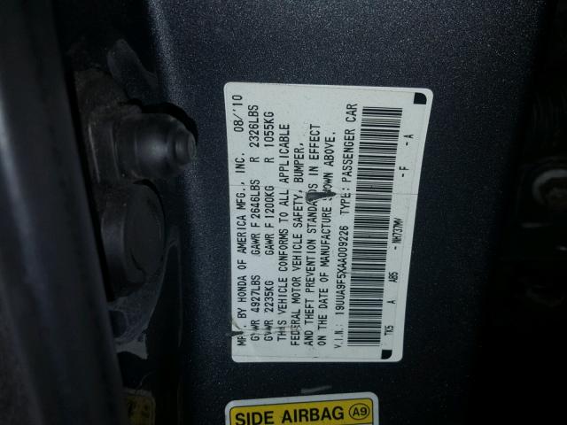 19UUA9F5XAA009226 - 2010 ACURA TL GRAY photo 10