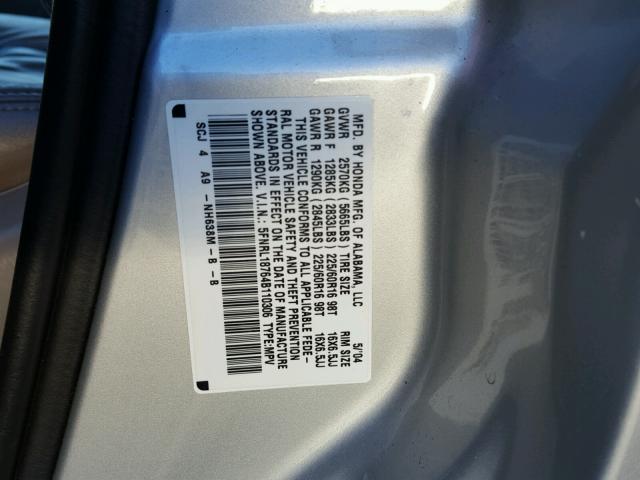 5FNRL18764B110306 - 2004 HONDA ODYSSEY EX GRAY photo 10