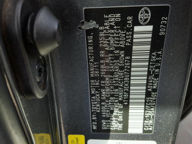 4T1BF3EK3BU772678 - 2011 TOYOTA CAMRY BASE GRAY photo 10
