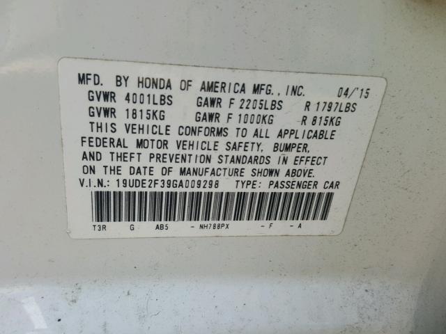 19UDE2F39GA009298 - 2016 ACURA ILX BASE WHITE photo 10