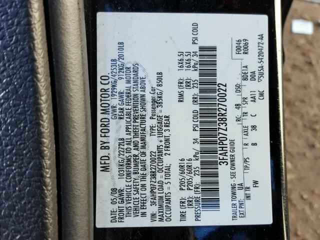 3FAHP07Z38R270022 - 2008 FORD FUSION SE BLACK photo 10