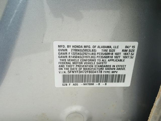 5FNYF3H72FB034178 - 2015 HONDA PILOT EXLN SILVER photo 10