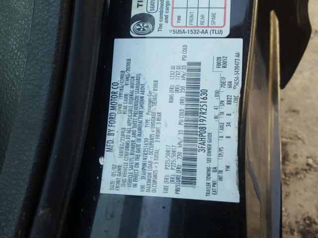 3FAHP08197R251630 - 2007 FORD FUSION SEL BLACK photo 10