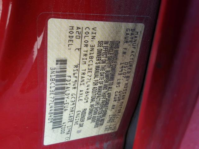 3N1BC13E77L448409 - 2007 NISSAN VERSA S RED photo 10