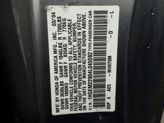 1HGEM22904L045592 - 2004 HONDA CIVIC EX GRAY photo 10