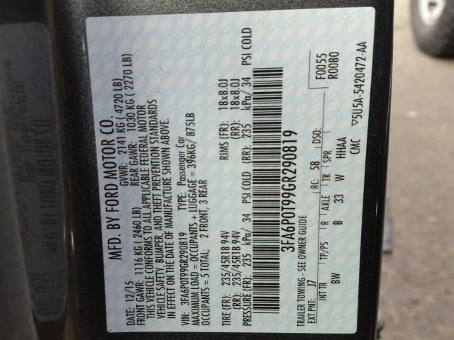 3FA6P0T99GR290819 - 2016 FORD FUSION SE GRAY photo 10