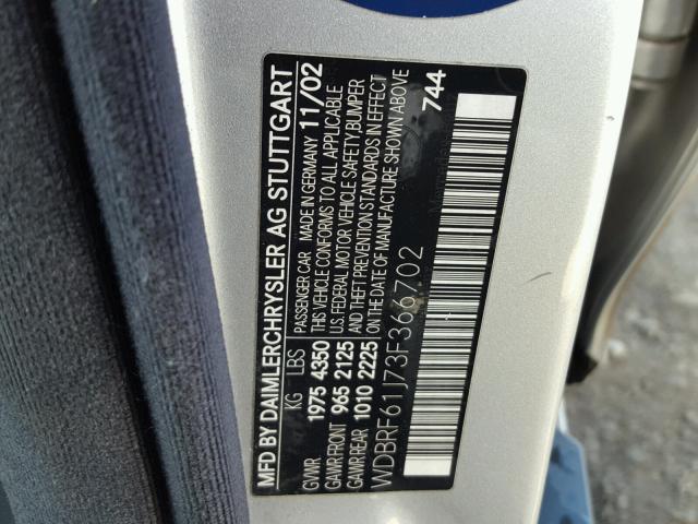 WDBRF61J73F366702 - 2003 MERCEDES-BENZ C 240 SILVER photo 10