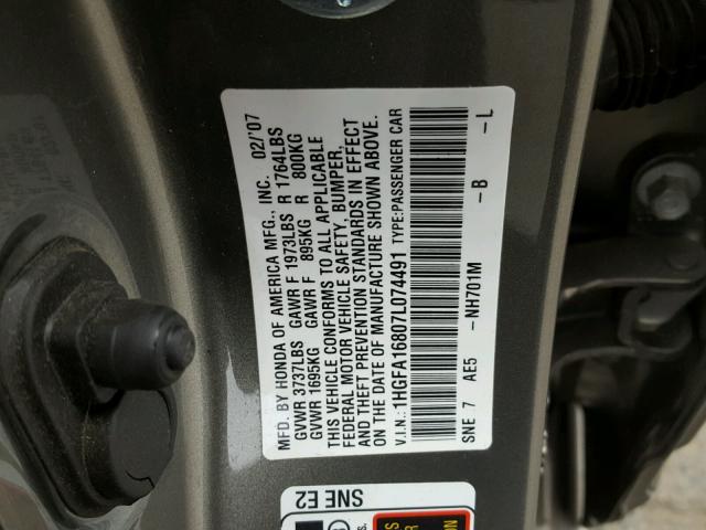 1HGFA16807L074491 - 2007 HONDA CIVIC EX GRAY photo 10