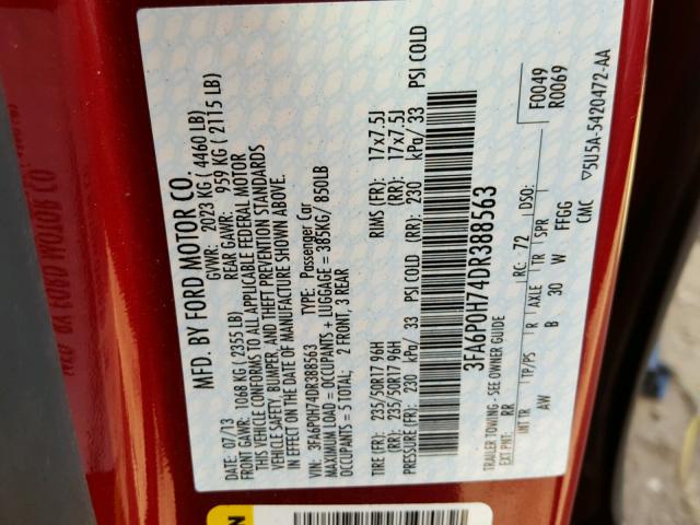 3FA6P0H74DR388563 - 2013 FORD FUSION SE RED photo 10