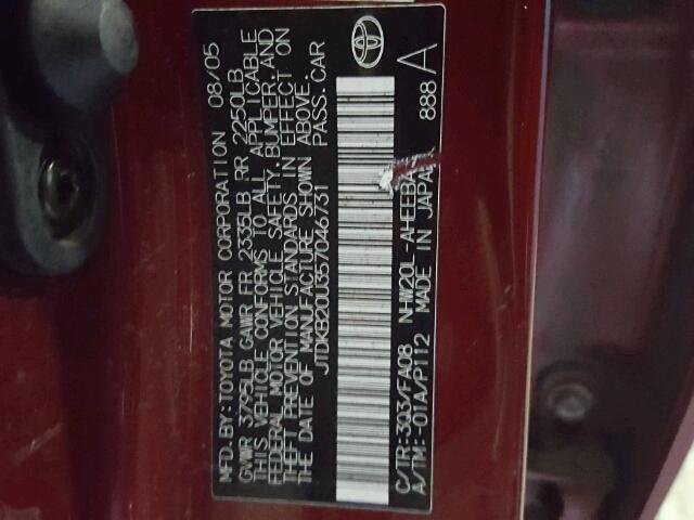 JTDKB20U357046731 - 2005 TOYOTA PRIUS RED photo 10