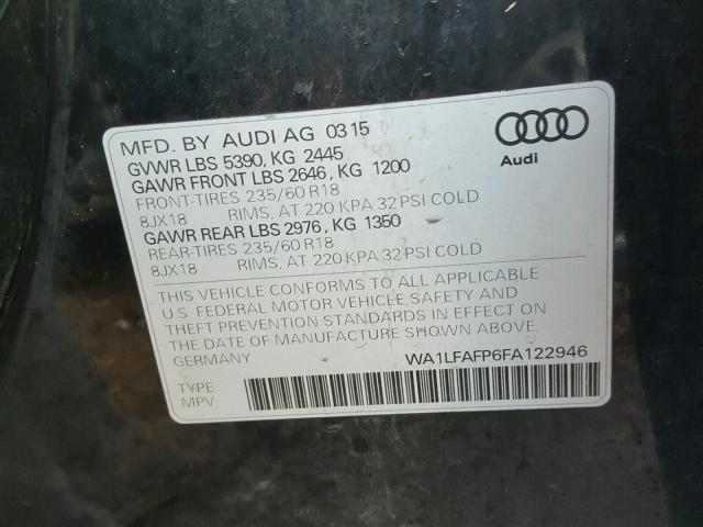 WA1LFAFP6FA122946 - 2015 AUDI Q5 PREMIUM BLACK photo 10