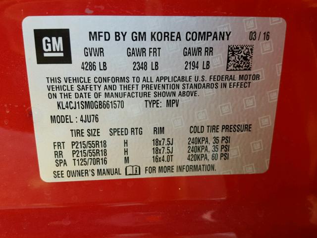 KL4CJ1SM0GB661570 - 2016 BUICK ENCORE SPO RED photo 10