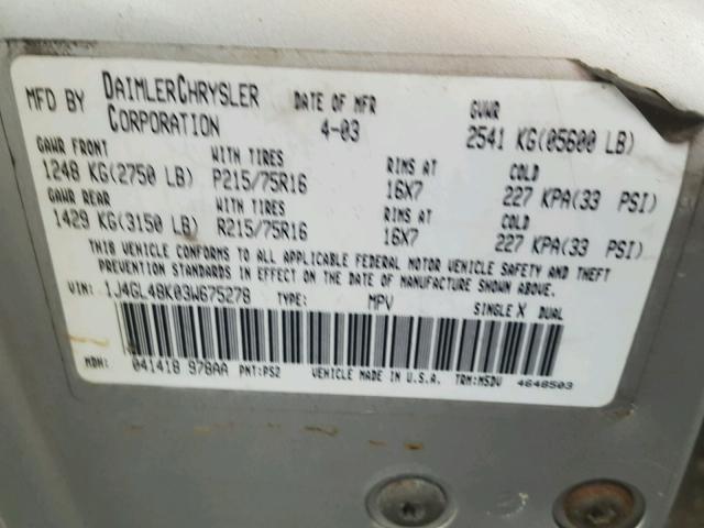 1J4GL48K03W675278 - 2003 JEEP LIBERTY SP SILVER photo 10