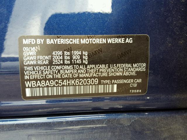 WBA8A9C54HK620309 - 2017 BMW 320 I BLUE photo 10