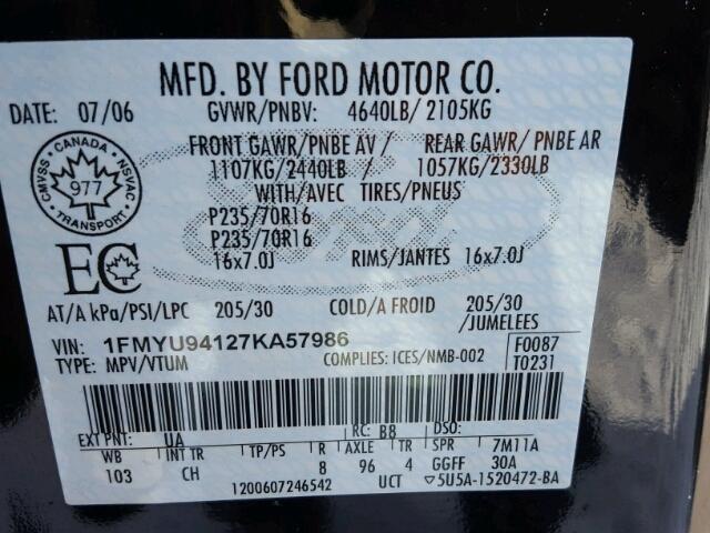 1FMYU94127KA57986 - 2007 FORD ESCAPE LIM BLACK photo 10