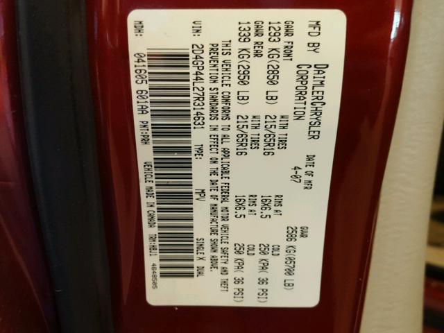 2D4GP44L27R314631 - 2007 DODGE GRAND CARA RED photo 10