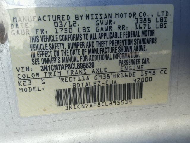 3N1CN7AP8CL895539 - 2012 NISSAN VERSA S SILVER photo 10