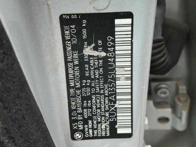 5UXFA13575LU48499 - 2005 BMW X5 3.0I SILVER photo 10