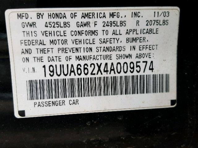 19UUA662X4A009574 - 2004 ACURA TL BLACK photo 10