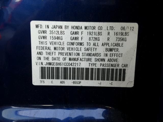 JHMGE8H61CC042217 - 2012 HONDA FIT SPORT BLUE photo 10