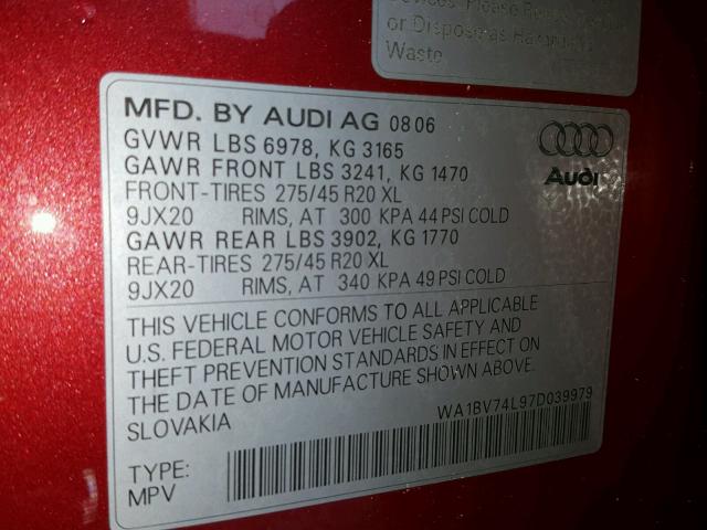 WA1BV74L97D039979 - 2007 AUDI Q7 4.2 QUA RED photo 10