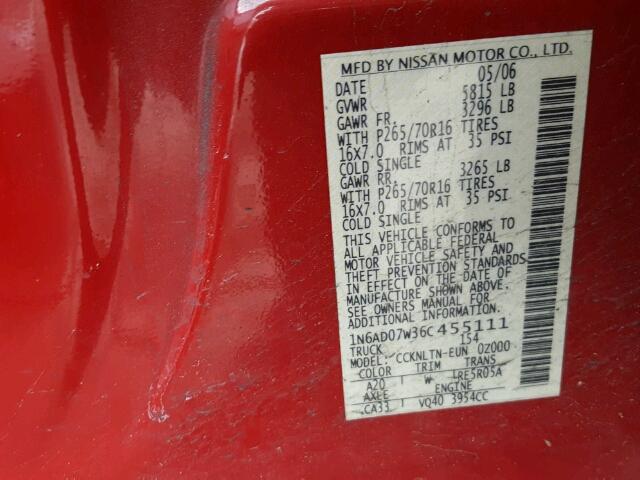 1N6AD07W36C455111 - 2006 NISSAN FRONTIER C RED photo 10