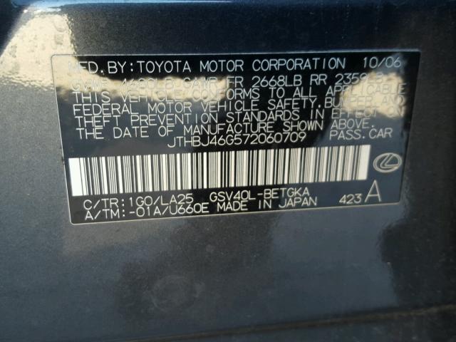 JTHBJ46G572060709 - 2007 LEXUS ES 350 GRAY photo 10