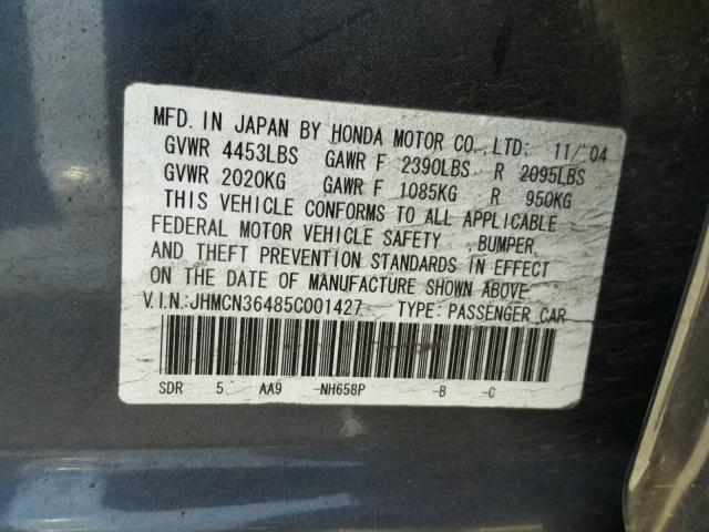 JHMCN36485C001427 - 2005 HONDA ACCORD HYB CHARCOAL photo 10