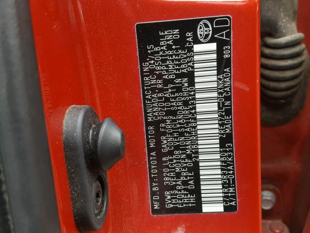 2T1BURHE8FC413140 - 2015 TOYOTA COROLLA L RED photo 10