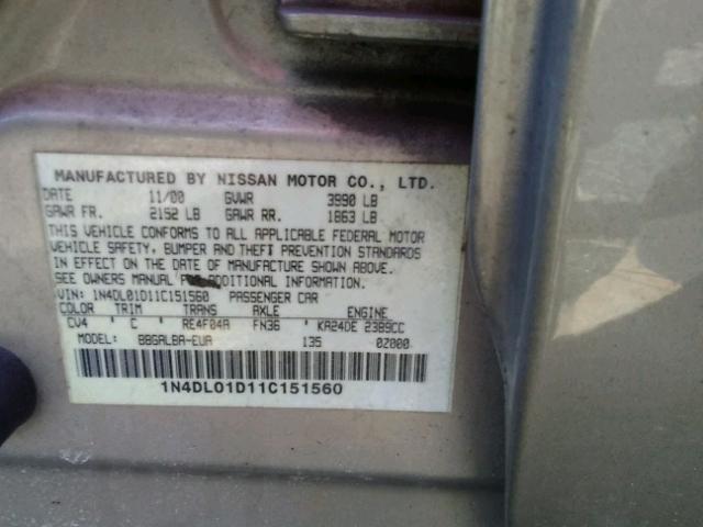 1N4DL01D11C151560 - 2001 NISSAN ALTIMA XE TAN photo 10