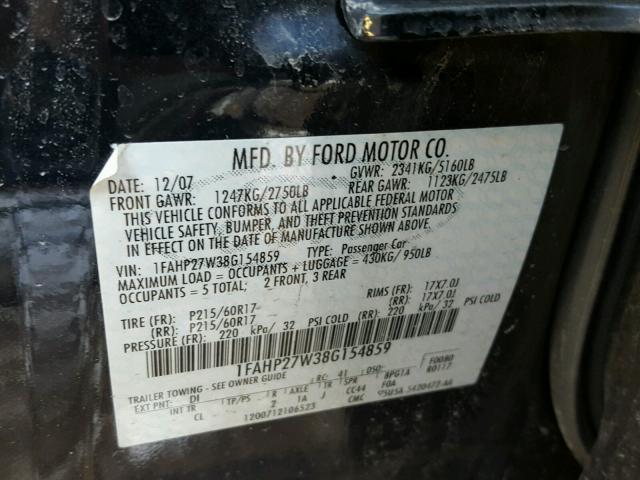 1FAHP27W38G154859 - 2008 FORD TAURUS SEL BLACK photo 10