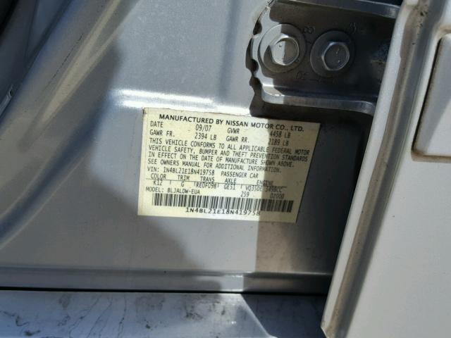 1N4BL21E18N419758 - 2008 NISSAN ALTIMA 3.5 SILVER photo 10