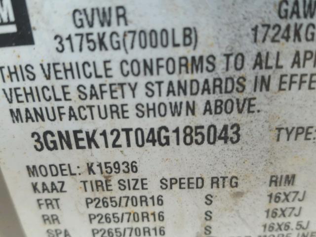 3GNEK12T04G185043 - 2004 CHEVROLET AVALANCHE SILVER photo 10