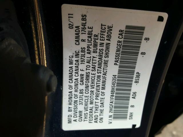 2HGFA1F84BH545354 - 2011 HONDA CIVIC EX ლურჯი ფოტო 10