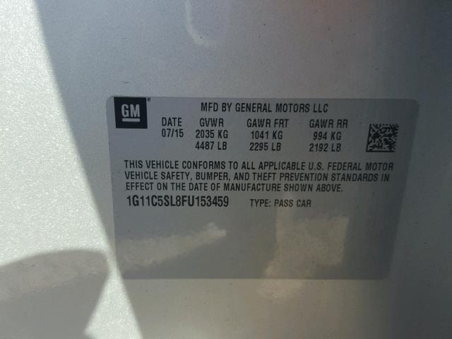 1G11C5SL8FU153459 - 2015 CHEVROLET MALIBU 1LT 银色 照片 10