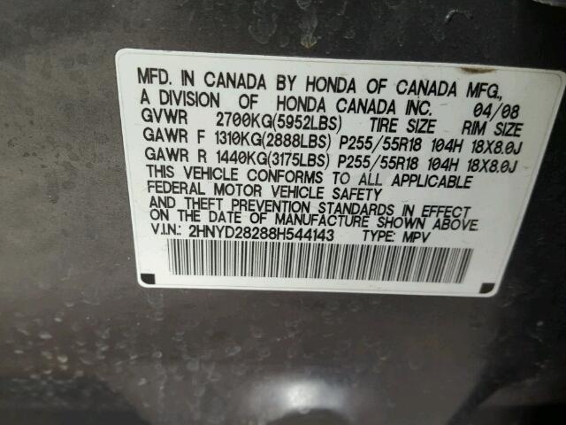 2HNYD28288H544143 - 2008 ACURA MDX GRAY photo 10